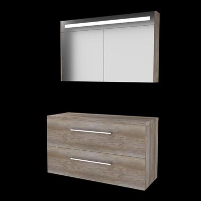 Basic-Line Premium 46 Badkamermeubelset - 120 x 46 cm - Met Grepen - 2 Lades - Wastafelblad - Spiegelkast met LED Verlichting - Scotch Oak