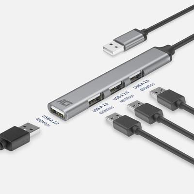 ACT AC6225 USB-A Hub 2.0 | 4-poorts USB-A | Aluminium | Kabellengte 18cm