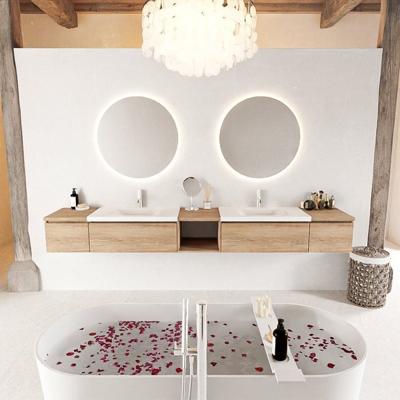 MONDIAZ BUKLA 280cm badmeubel met open module 40 midden kleur Washed Oak met 4 lades. Wastafel CLOUD dubbel 2 kraangaten kleur Talc.