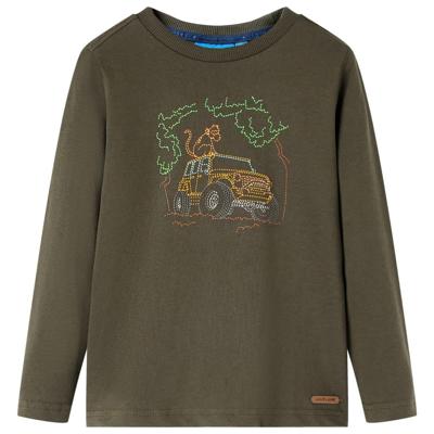 Kindershirt met lange mouwen terreinwagenprint 92 kakikleurig