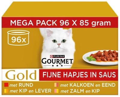 Gourmet Gold Fijne Hapjes in saus met rund, kip-lever, zalm-kip, kalkoen-eend natvoer kat (85 g) 96 x 85 g