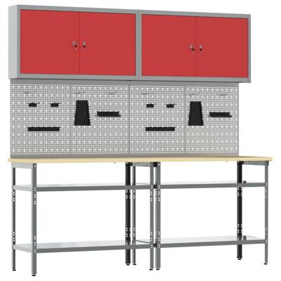 Werkbankset met plank 8 pcs Rood en Grijs Gepoedercoat staal