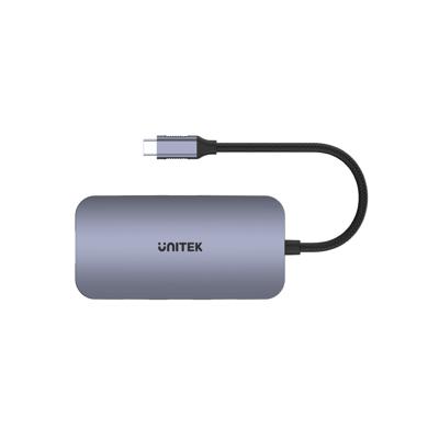 uHUB Unitek D1071A N9+ 9-in-1 USB-C Ethernet Hub met HDMI, 100W Power Delivery en Card Reader/Aluminium/Nylon Kabel/USB-A, USB-C (voeding), HDMI 2.0, Card Reader, aansluiting RJ -45