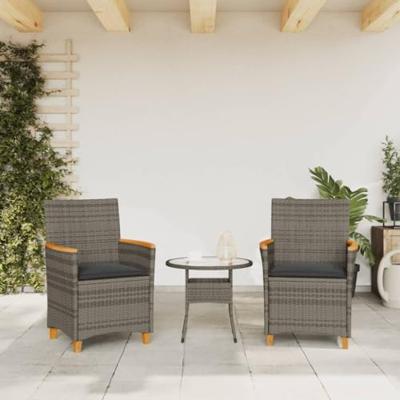 Tuinstoelen 2 st met kussens poly rattan en massief hout grijs - thumbnail
