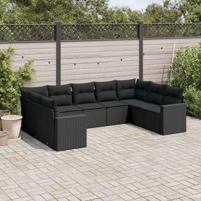 10-delige Loungeset met kussens poly rattan zwart