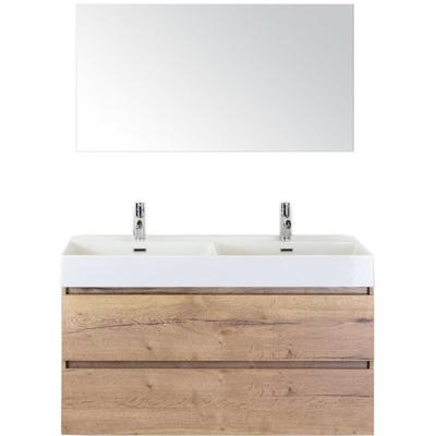 Maxx XL Badmeubelset 120 cm - Natuur Eiken - Wastafel Kube Dubbel 2 Kraangaten met Spiegel