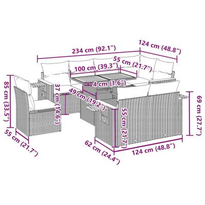 9-delige Loungeset met kussens poly rattan acacia beige