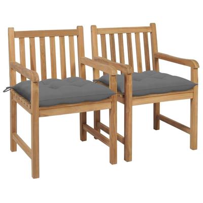 Tuinstoelen 2 st met grijze kussens massief teakhout