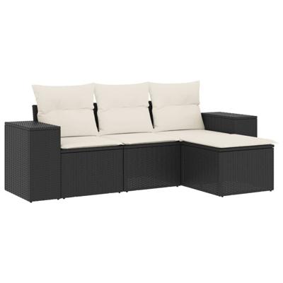 4-delige Loungeset met kussens poly rattan zwart