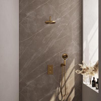 Brauer Gold Carving Thermostatische Regendoucheset Inbouw - Hoofddouche 20 cm - Gebogen Wandarm - 3 Weg - Handdouche 3 Standen - Doucheslang - Wandaansluitbocht - Geborsteld Goud