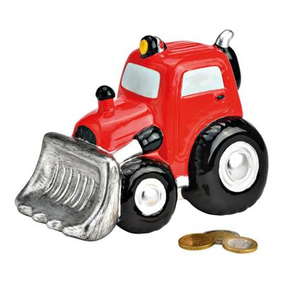 Spaarpot Tractor met schep van keramiek rood (B/H/D) 16x12x11cm