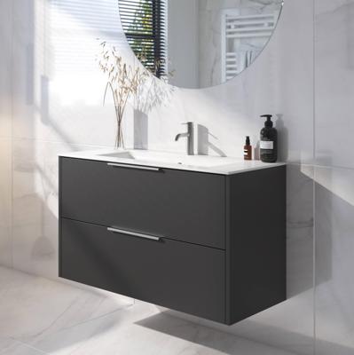 Saqu Lima badmeubel incl. glans witte keramische wastafel 100x46x61cm zijdeglans zwart - rvs greep