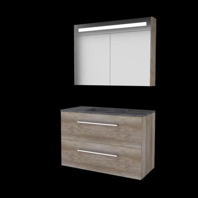 Basic-Line Premium 46 Badkamermeubelset - 100 x 46 cm - Met Grepen - 2 Lades - Hardstenen Wastafel - Zonder Kraangat - Spiegelkast met LED Verlichting - Scotch Oak