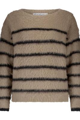 Red Button Fuzzy Sweater & Stripe | Latte/Black