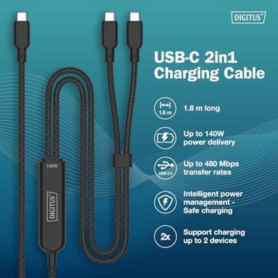 DIGITUS 2-in-1 USB-C-kabel – Type C naar Type C – 1,8 m – 140 W – Power Delivery 3.1 – USB 2.0 480 Mbps – Oplaadkabel voor laptop, tablet, smartphone – Zwart