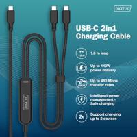 DIGITUS 2-in-1 USB-C-kabel – Type C naar Type C – 1,8 m – 140 W – Power Delivery 3.1 – USB 2.0 480 Mbps – Oplaadkabel voor laptop, tablet, smartphone – Zwart - thumbnail