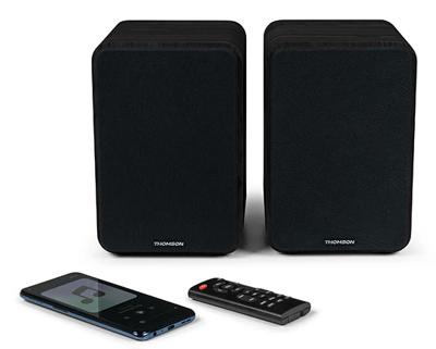 THOMSON WS600DUO - Set van 2 luidsprekers met houten kist - 100W - Bluetooth 5.0 - 2 RCA-uitgangen - Zwart