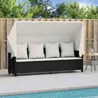 Ligbed met luifel en kussens poly rattan zwart - thumbnail