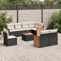 9-delige Loungeset met kussens poly rattan zwart - thumbnail