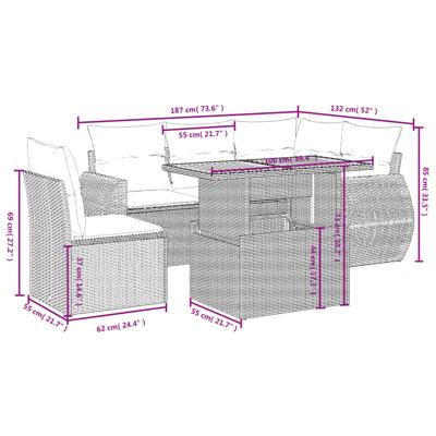 6-delige Loungeset met kussens poly rattan zwart