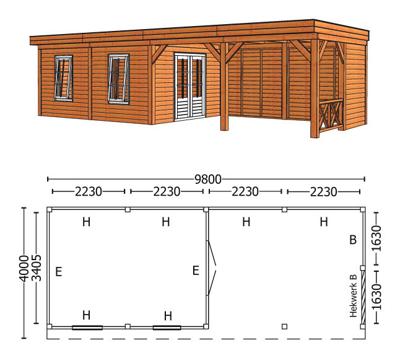 Trendhout Overkapping Mensa L 980x400 cm- Plat dak- Onbehandeld lariks Douglas hout- Trendhout