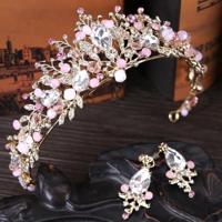 Luxe roze gouden parel bruids kronen handgemaakte Tiara bruid hoofdband Crystal bruiloft Diadem koningin kroon bruiloft haaraccessoires (roze met oorb - thumbnail