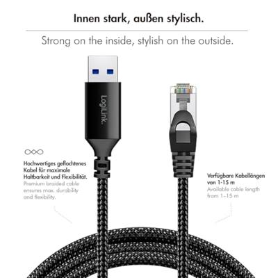 LogiLink USB 3.2 Gen 1 (USB 3.0) Adapterkabel [1x USB 3.2 Gen 1 stekker A (USB 3.0) - 1x RJ45-stekker 8p8c] CU0404 5.00 m