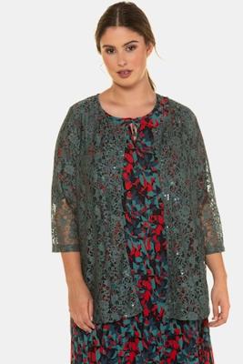 Ulla Popken Jasje, pailletten, kant, haakjessluiting, 3/4 mouwen - Grote Maten Ulla Popken Jasje, pailletten, kant, haakjessluiting, 3/4 mouwen - Grote Maten