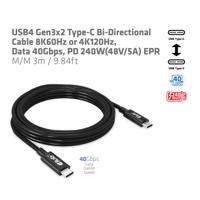 Club 3D usb4 gen3x2 type-c bi-directional kabel, 3 meter (zwart, 8k60hz of 4k120hz, data 40gbps, pd 240w(48v/5a) epr) - thumbnail