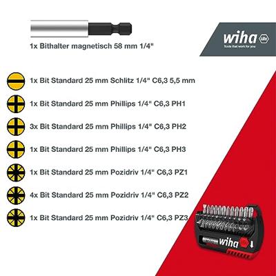 Wiha Bitset FlipSelector Standard 25 mm sleufkop, Phillips, Pozidriv 13-delig 1/4" met riemclip in blister - 39049 - 39049