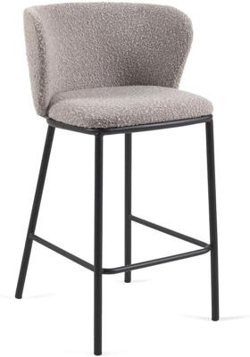 Kave Home Ciselia barkruk H65 bouclé Lichtgrijs poot zwart