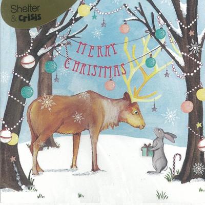 Kerstkaart - Rendier met Konijntje in Bos (Set van 5)