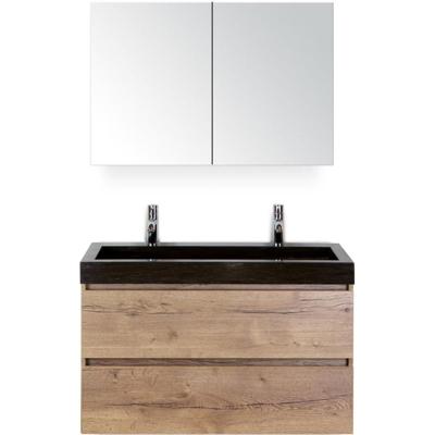 Maxx XL Badmeubelset 100 cm - Natuur Eiken - Wastafel Lucca 2 Kraangaten met Spiegelkast