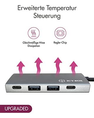 ICY BOX USB Hub 3.1 Gen 2 met 4 USB-poorten, USB 3.1 Gen2 10 Gbit/s, USB-C verbinding, geïntegreerde kabel, Antraciet, Aluminium, IB-HUB1428-C31