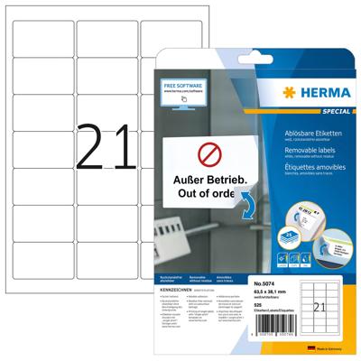 Herma 5074 Adresetiketten 63.5 x 38.1 mm Papier Wit 525 stuk(s) Weer verwijderbaar Inkjet, Laser (zwart/wit), Laser (kleur), Kopiëren (zwart/wit), Kopiëren