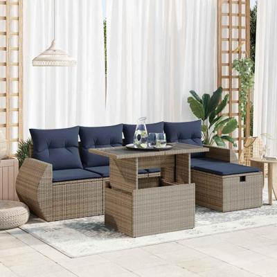 6-delige Loungeset met kussens poly rattan acacia bruin