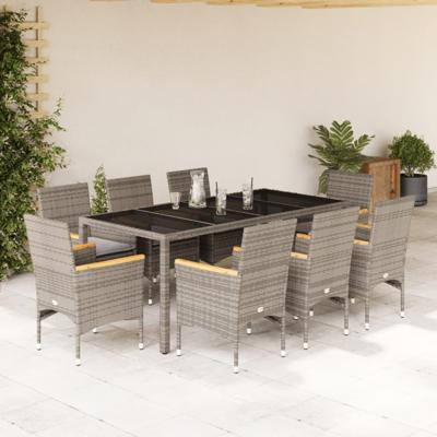 9-delige Tuinset met kussens poly rattan en glas grijs