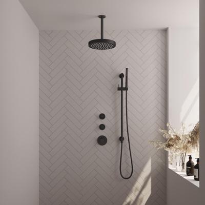 Brauer Stripe thermostatische inbouw regendouche SET 09 met 25 cm douchekop en plafondarm en staaf handdouche en doucheslang en geintegreerde glijstang mat zwart