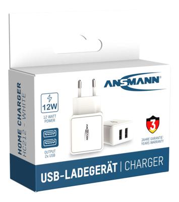 Ansmann HomeCharger HC212 USB-oplader 12 W 2x USB-A Wit Binnen Ansmann HomeCharger HC212 USB-oplader 12 W 2x USB-A Wit Binnen