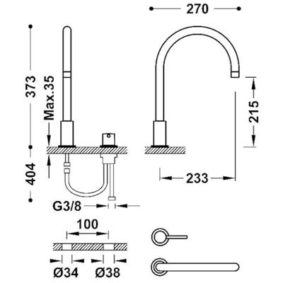 Wastafelmengkraan Tres Study Exclusive 37,3 cm 2-Gats 1-Hendel Uitloop Gebogen Rond Rosé Goud Tres