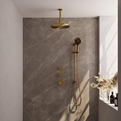 Gold Edition Thermostatische Inbouw Regendouche Set 24 - 30cm Douchekop met Plafondarm - 3-Standen Handdouche - Doucheslang - Geïntegreerde Glijstang - Goud Geborsteld PVD
