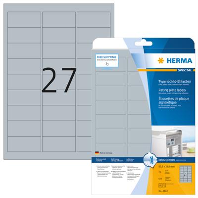Herma 4222 Etiketten voor typeplaatjes 63.5 x 29.6 mm Polyester folie Zilver 675 stuk(s) Permanent hechtend Laser (zwart/wit), Kopiëren (zwart/wit),