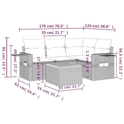 5-delige Loungeset met kussens poly rattan beige