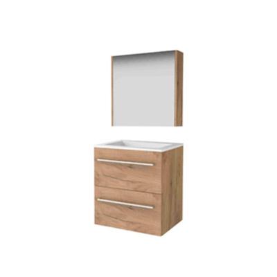 Basic-Line Comfort 46 Badkamermeubelset - 60 x 46 cm - Met Grepen - 2 Lades - Acryl Wastafel - Zonder Kraangat - Spiegelkast - Whisky Oak