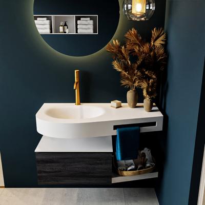 MONDIAZ RIVA 100cm badmeubel onderkast / planchet kleur Antracite met 1 lade. Wastafel DULCET links 1 kraangat kleur Talc.