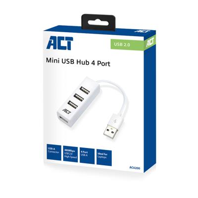 ACT USB Hub, 4-poorts USB 2.0, Plug & Play, voor Desktop PC/Notebook, Wit - AC6200