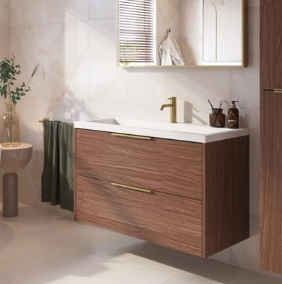 Saqu Lima ondiep badmeubel incl. glans witte wastafel 80x40x64cm noten urban - messing greep