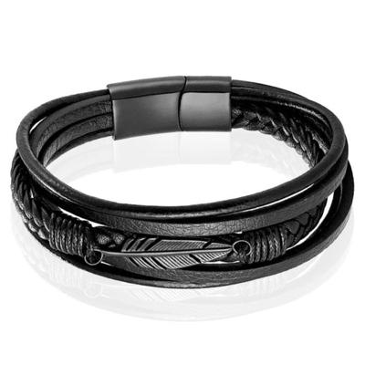 Mendes Jewelry Heren Armband - Stoer Zwart Leder met Bladvormige Stalen Bedel - Zwart-19cm Mendes Jewelry Heren Armband - Stoer Zwart Leder met Bladvormige Stalen Bedel - Zwart-19cm