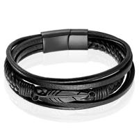 Mendes Jewelry Heren Armband - Stoer Zwart Leder met Bladvormige Stalen Bedel - Zwart-19cm - thumbnail