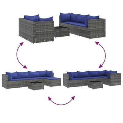 6-delige Loungeset met kussens poly rattan grijs